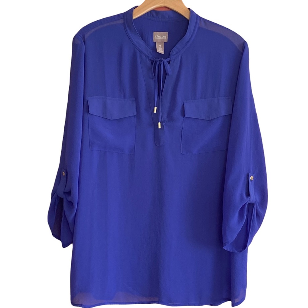 CHICO’S Sheer Purple Top Tunic Front Tie 3/4 Sleeve Size Medium/12